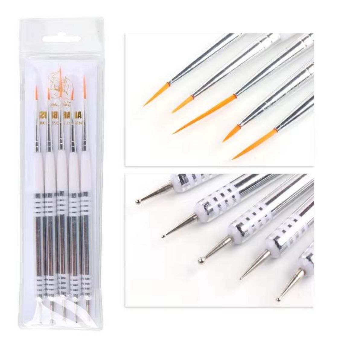 Nail Art Brushes With Dotting Tool End 5PC Set
