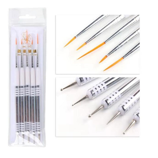 Nail Art Brushes With Dotting Tool End 5PC Set