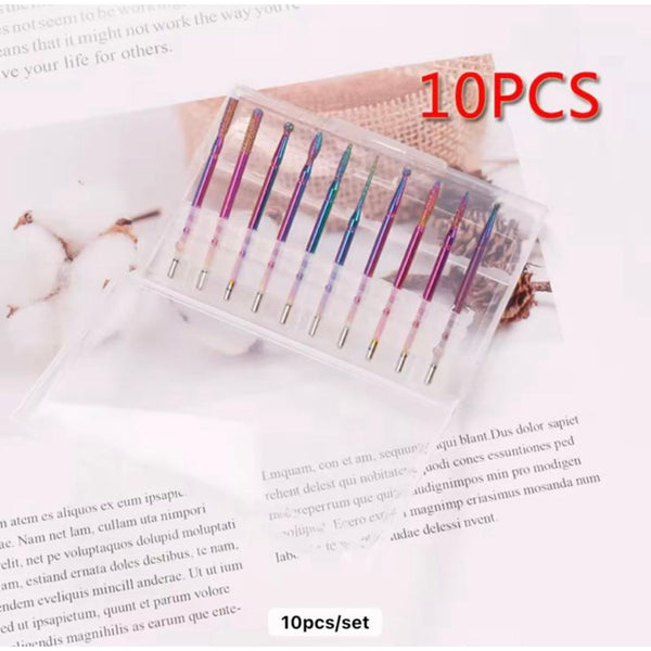 10pcs Cuticle Drill Bit Set- Rainbow